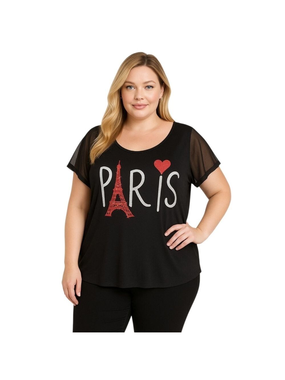 Julie’s Closet Paris Graphic Top 1X Black Mesh Sleeves Rhinestone Detail